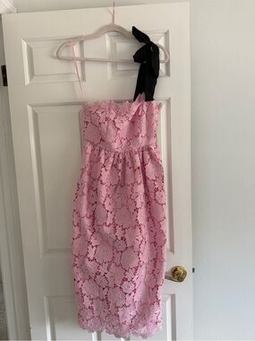 Maeve pink lace tie-shoulder midi dress with black bow